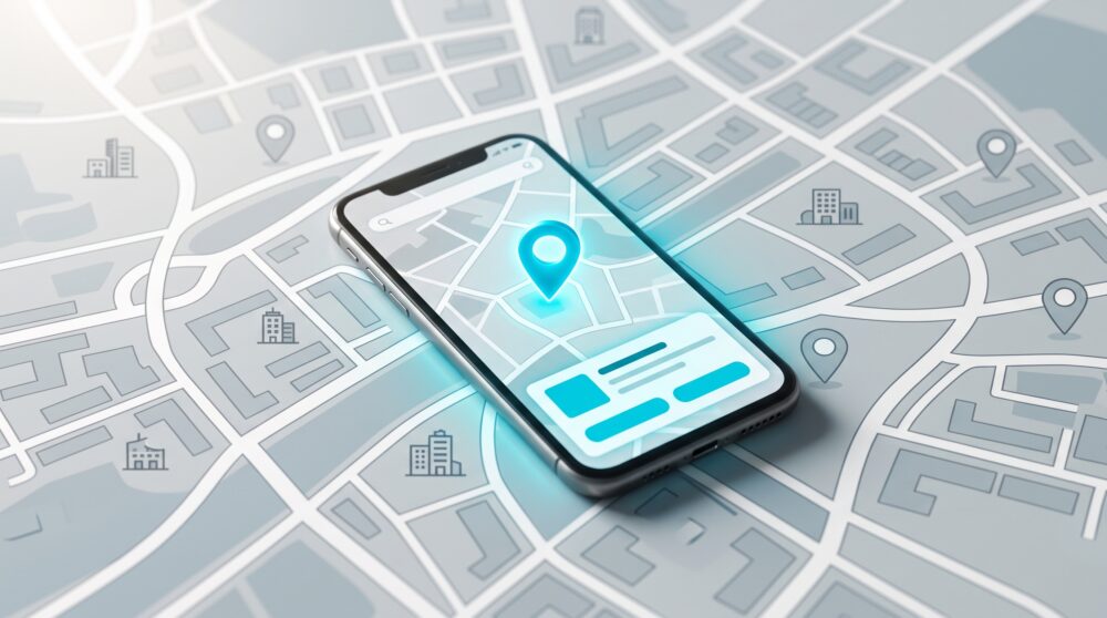 Googleマップに位置情報アイコンを表示したスマートフォンが地図イラストの上に置かれている、工務店・不動産会社のMEO対策とGoogleビジネスプロフィール運用をイメージした画像
